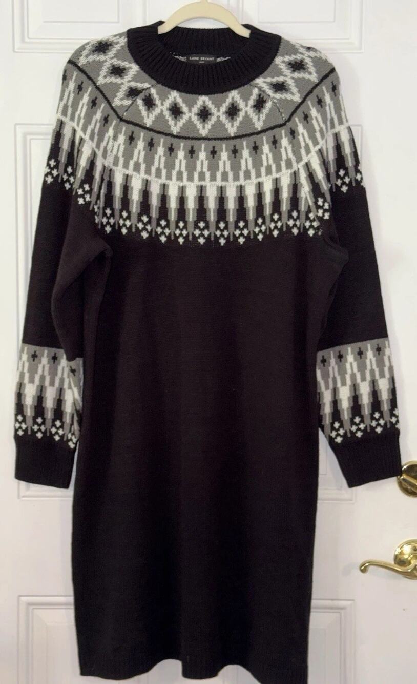Lane Bryant 18/20 Fair Isle Sweater Dress Black Gray Knit Pullover NWT 89.95